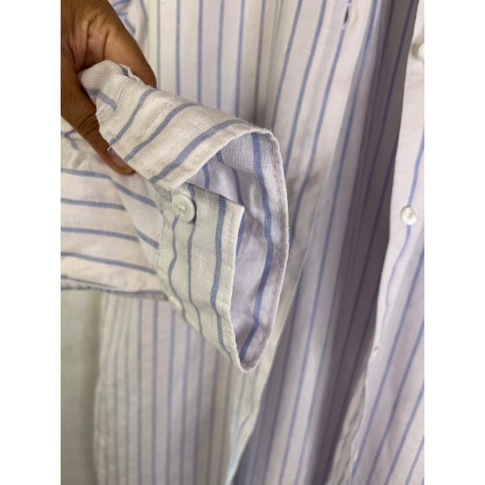 Faherty Shirt Dress White Blue Striped Linen Blend Sz L - Picture 5 of 9